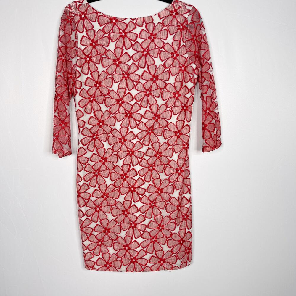 Diane Von Furstenberg 8 Red Sarita Floral Embroidered Sheath Dress 3/4 Sleeve